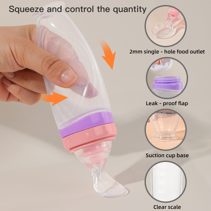 120 ml / 4 oz bébé bébé liquide en silicone alimentaire alimentaire alimentaire | Dispensateur de la purée de fruits et de la pâte de riz | Cuillère détachable | Base d'aspiration sans glissement | Conception d'alimentation à simple main