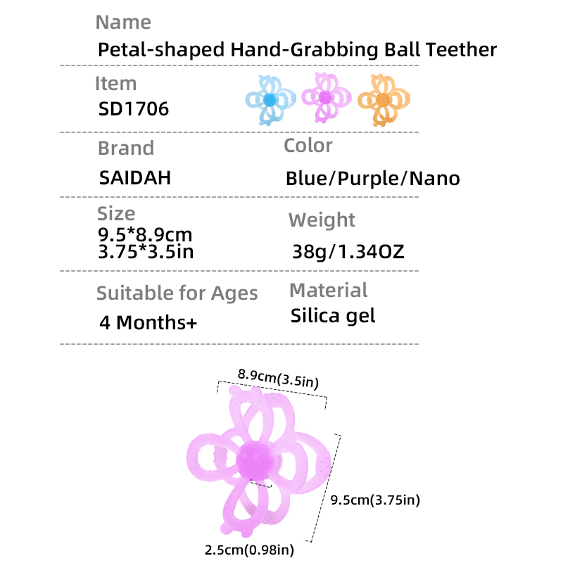Forme de pétale amovible Solicone Silicone en caoutchouc Silicone Youngsters Ball - Grip à main et jouet de dentition pour bébé