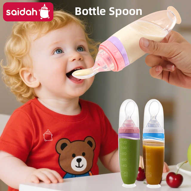 120 ml / 4 oz bébé bébé liquide en silicone alimentaire alimentaire alimentaire | Dispensateur de la purée de fruits et de la pâte de riz | Cuillère détachable | Base d'aspiration sans glissement | Conception d'alimentation à simple main